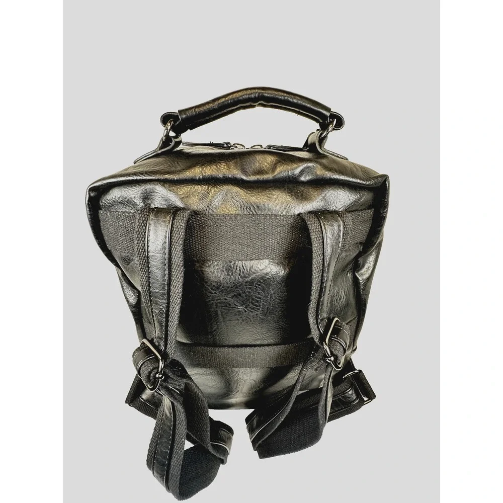 Black Faux Leather Backpack XL Multi Pocket Travel School Laptop Bag New